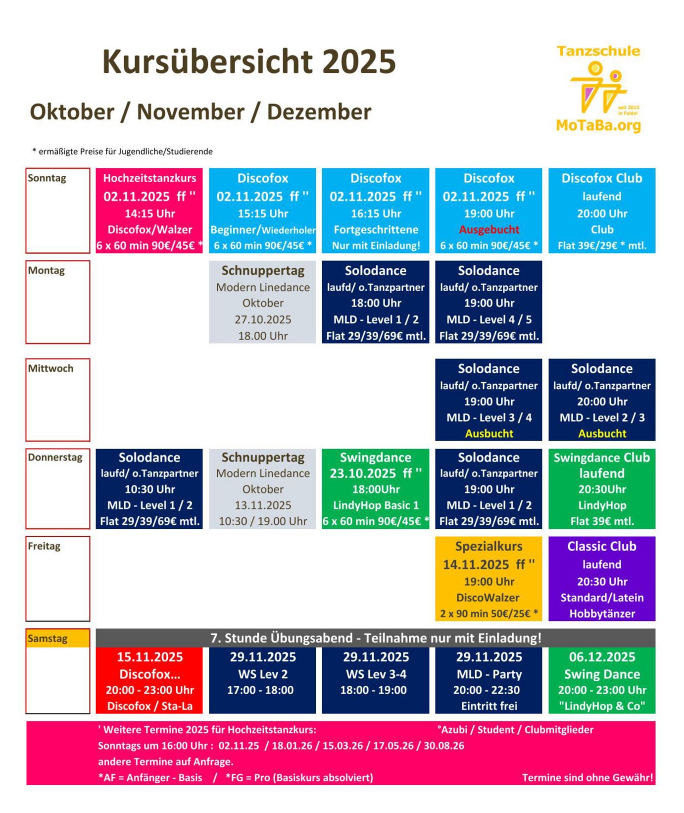 Tanzkursübersicht Oktober- November 2025