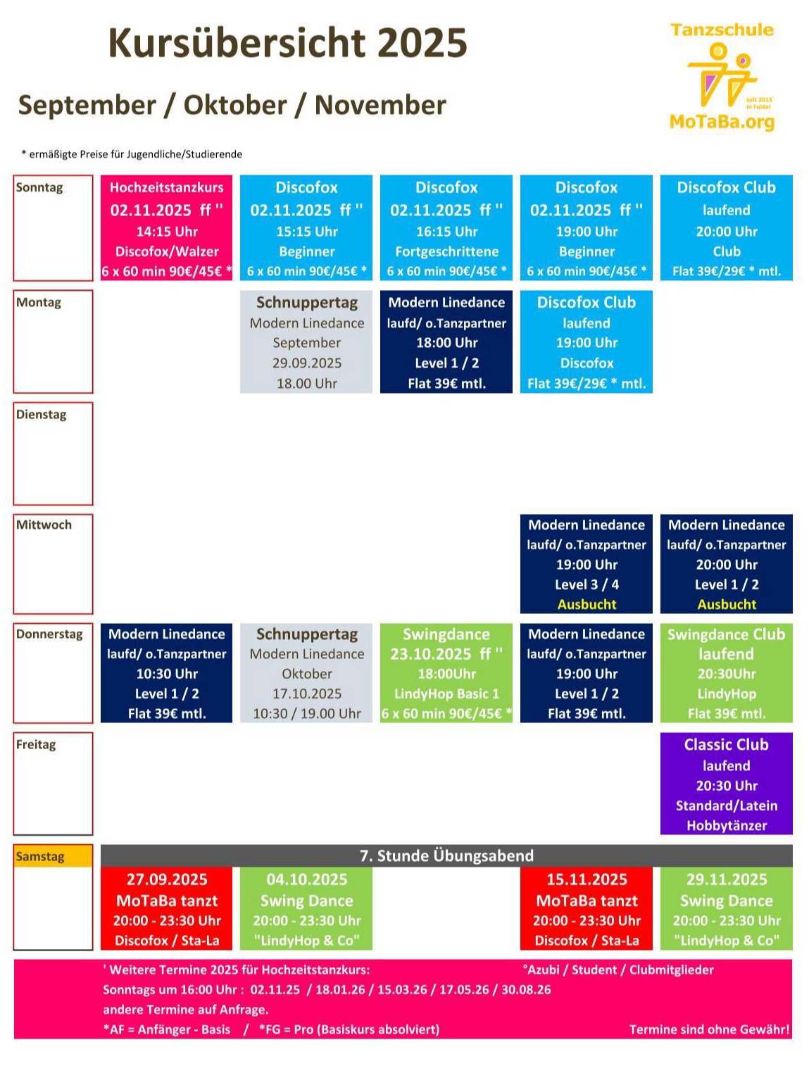 Tanzkursübersicht September - November 2025