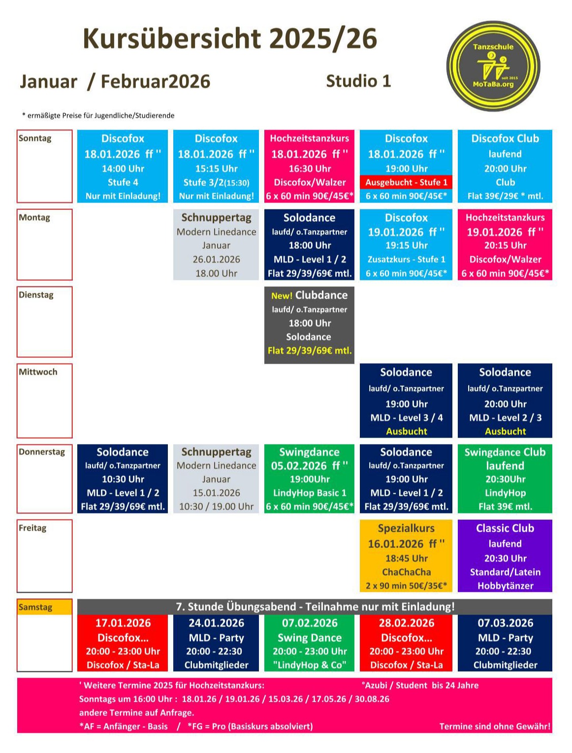 Tanzkursübersicht  Jan - Feb 2026