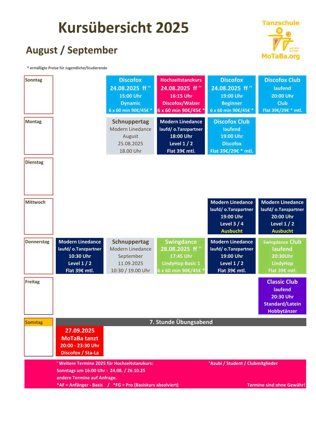 Tanzkursübersicht  August - September 2025