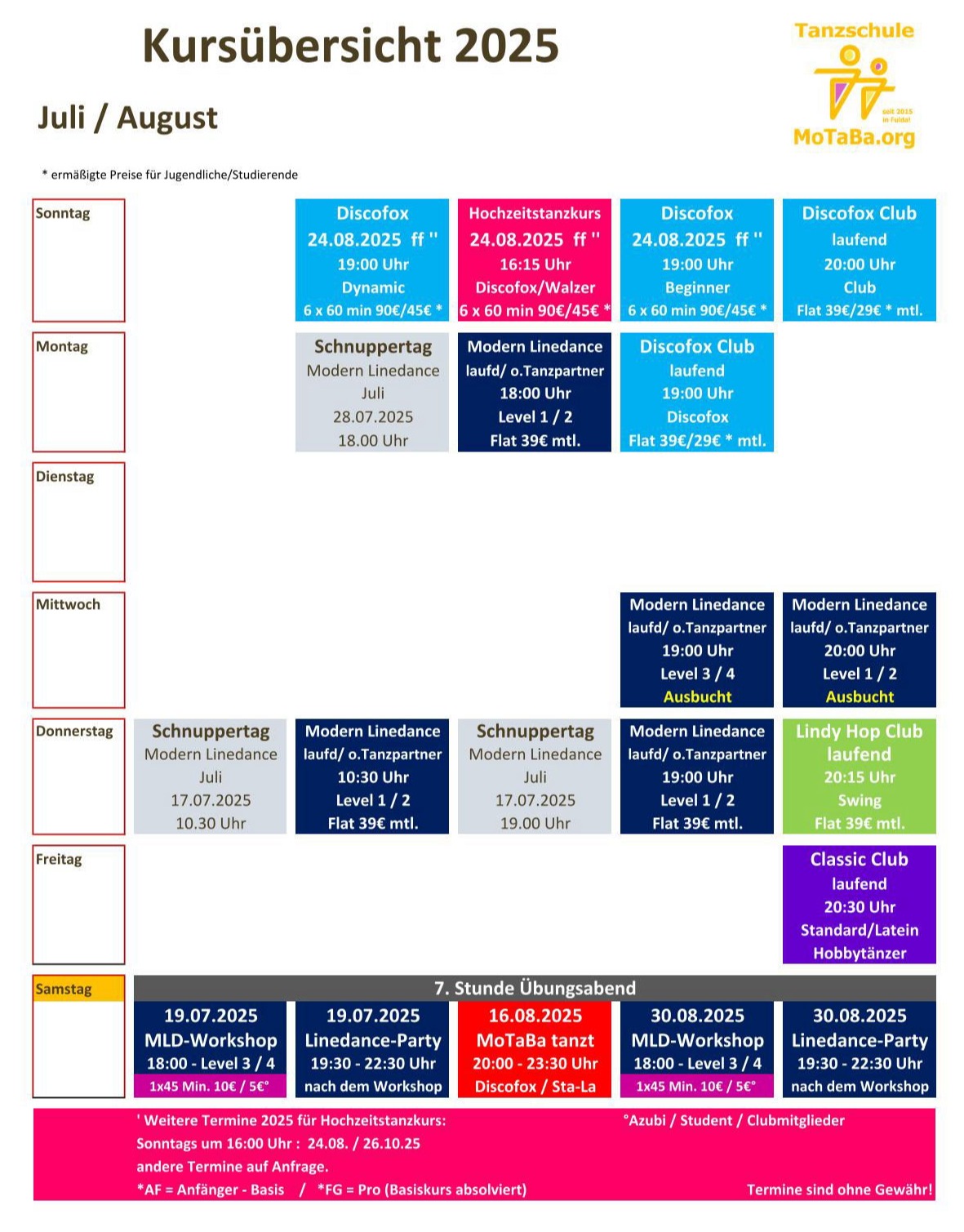 Tanzkursübersicht  Juli - August 2025
