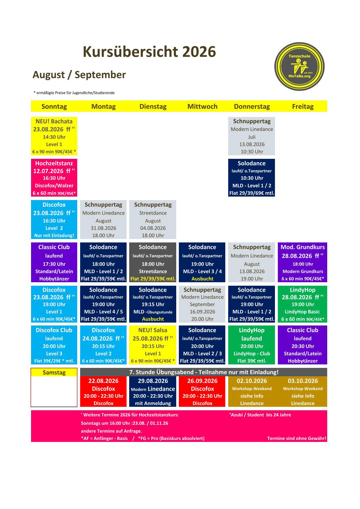 Tanzkursübersicht August-September 2026