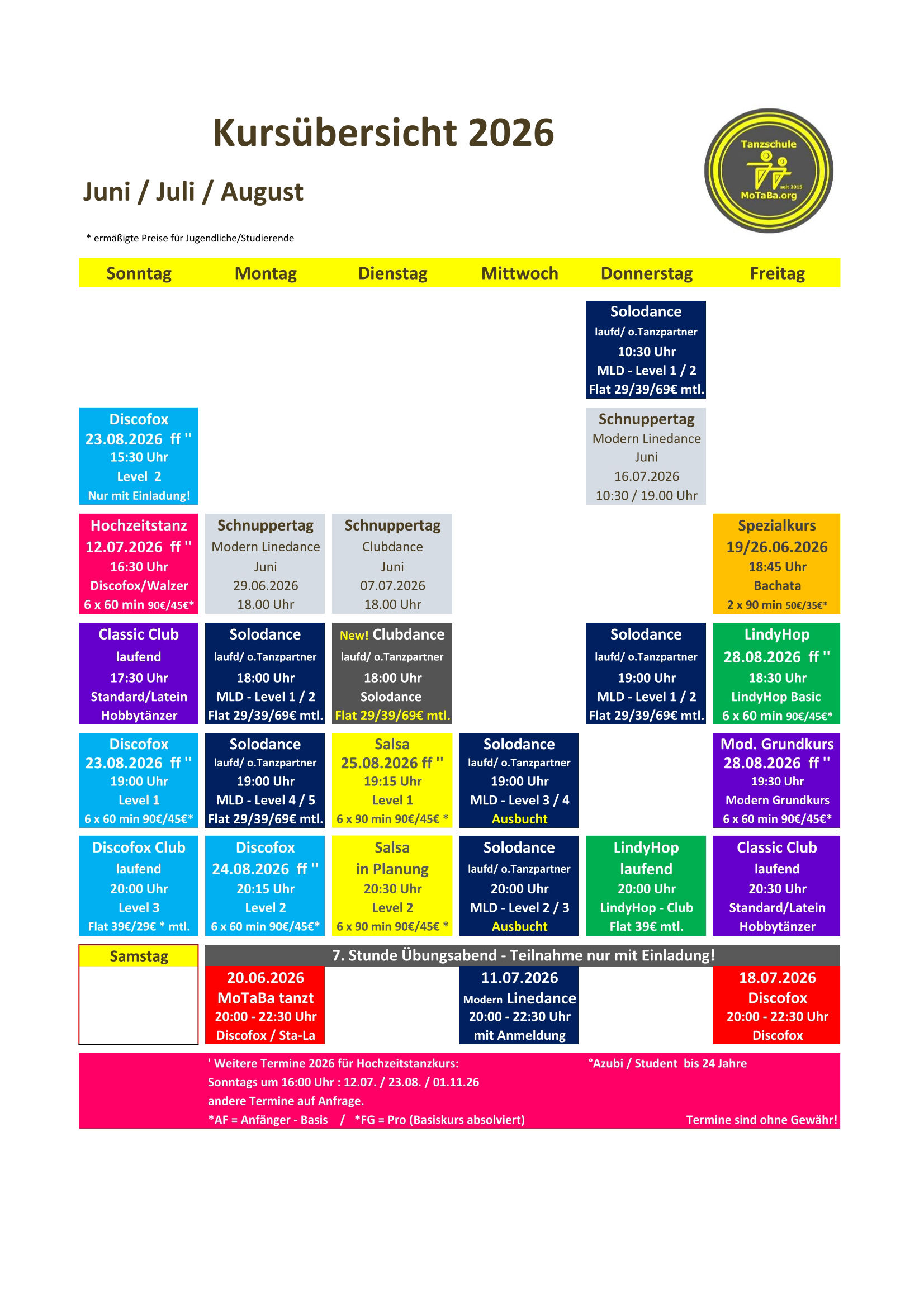 Tanzkursübersicht Juni-Juli-August 2026