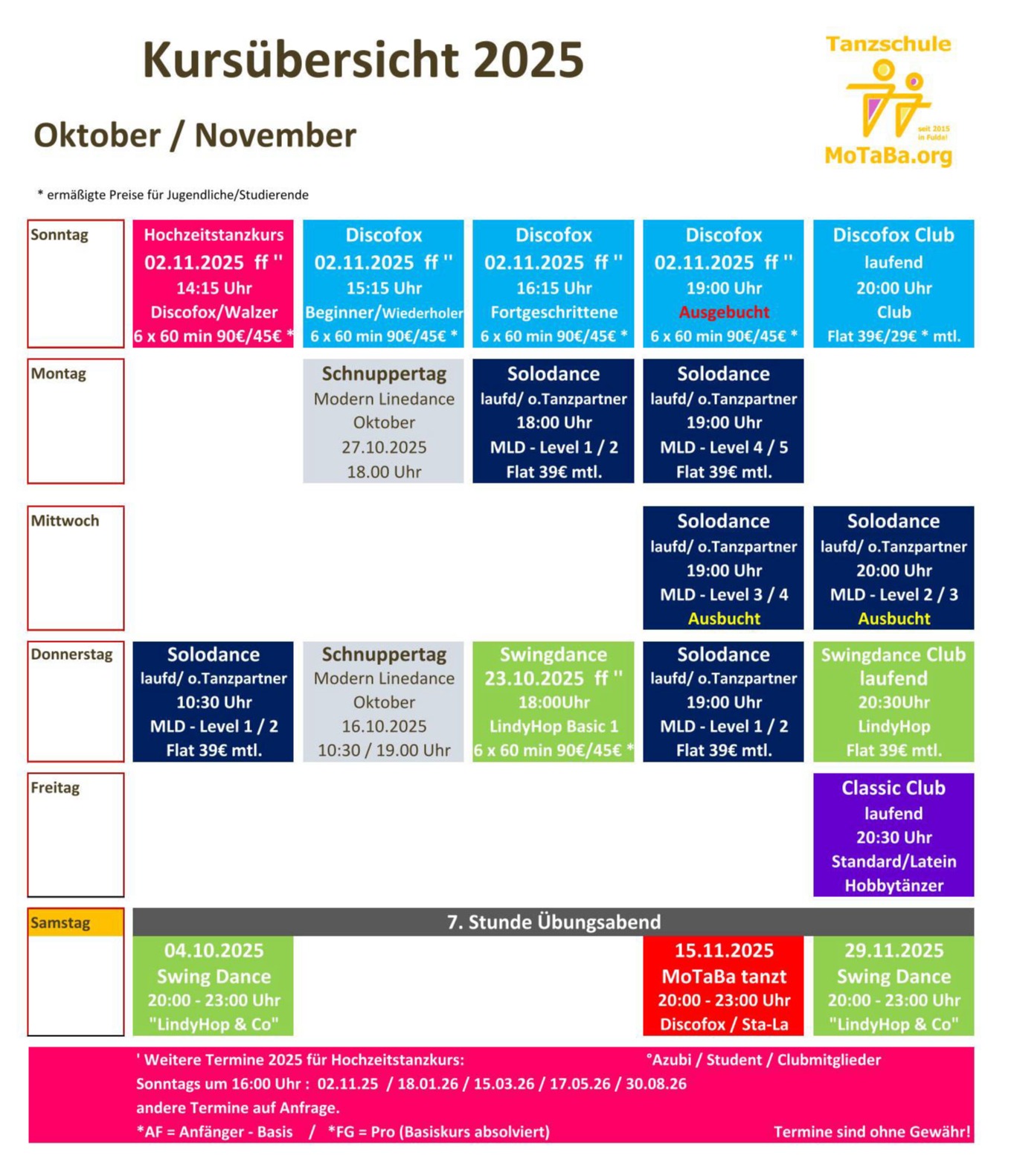 Tanzkursübersicht Oktober- November 2025